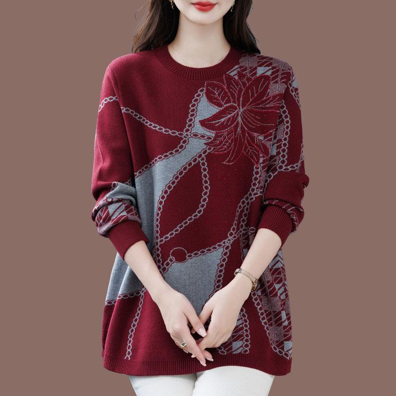 冬季加肥加大码宽松遮肚子毛衣女胖女人中长款印花羊绒羊毛打底衫