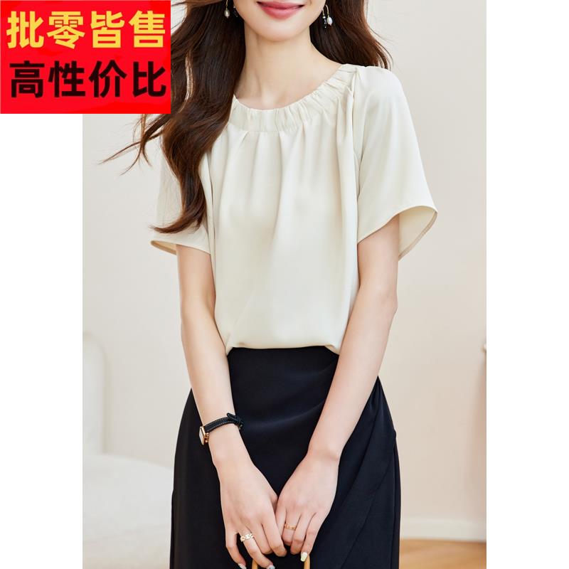 2025夏装新款小个子宽松遮肚子雪纺衫短袖垂感圆领褶皱时尚上衣女