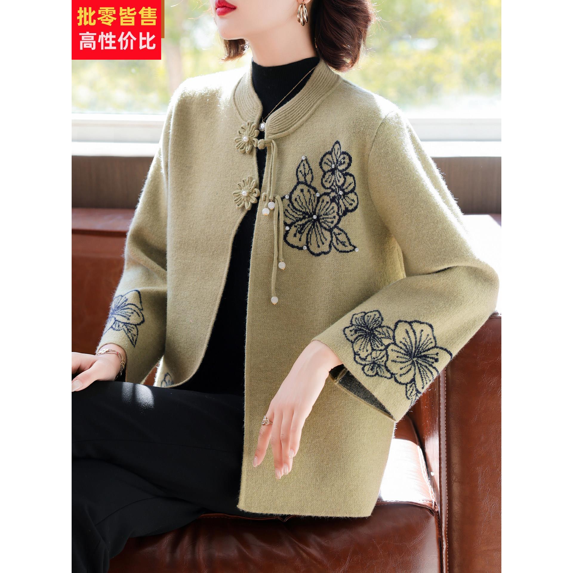 妈妈气质针织短款外套中年女装春秋装褂子中老年休闲国风盘扣上衣
