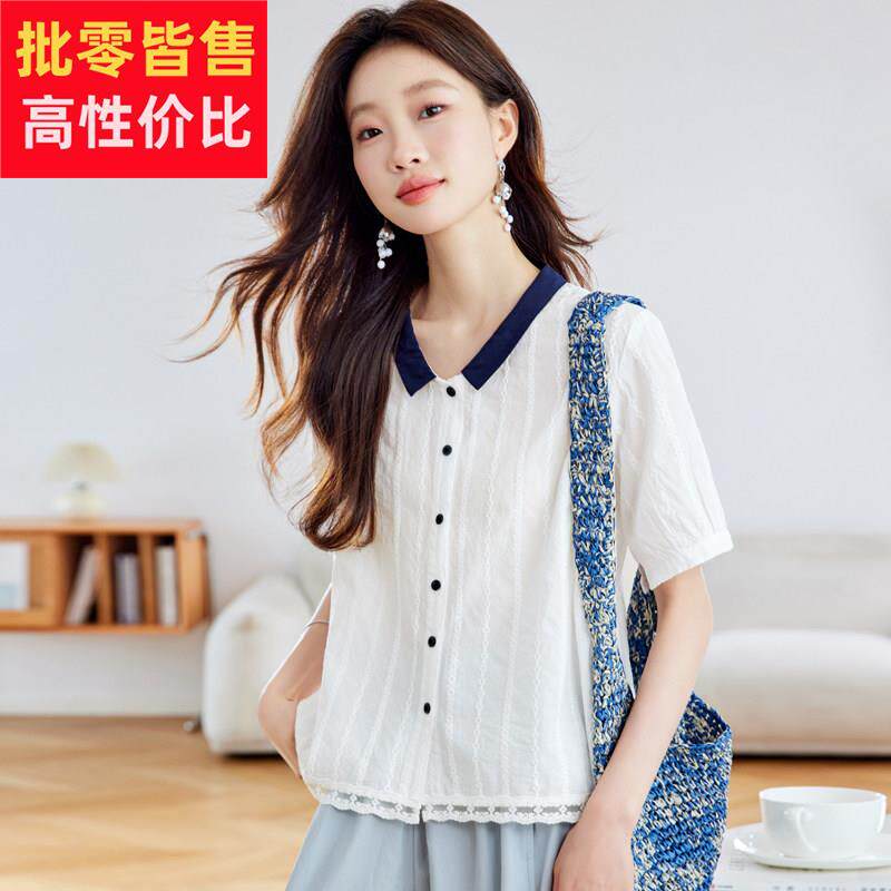 小翻领纯棉短袖衬衫女短款夏装2025新款轻奢蕾丝拼接小衫宽松上衣