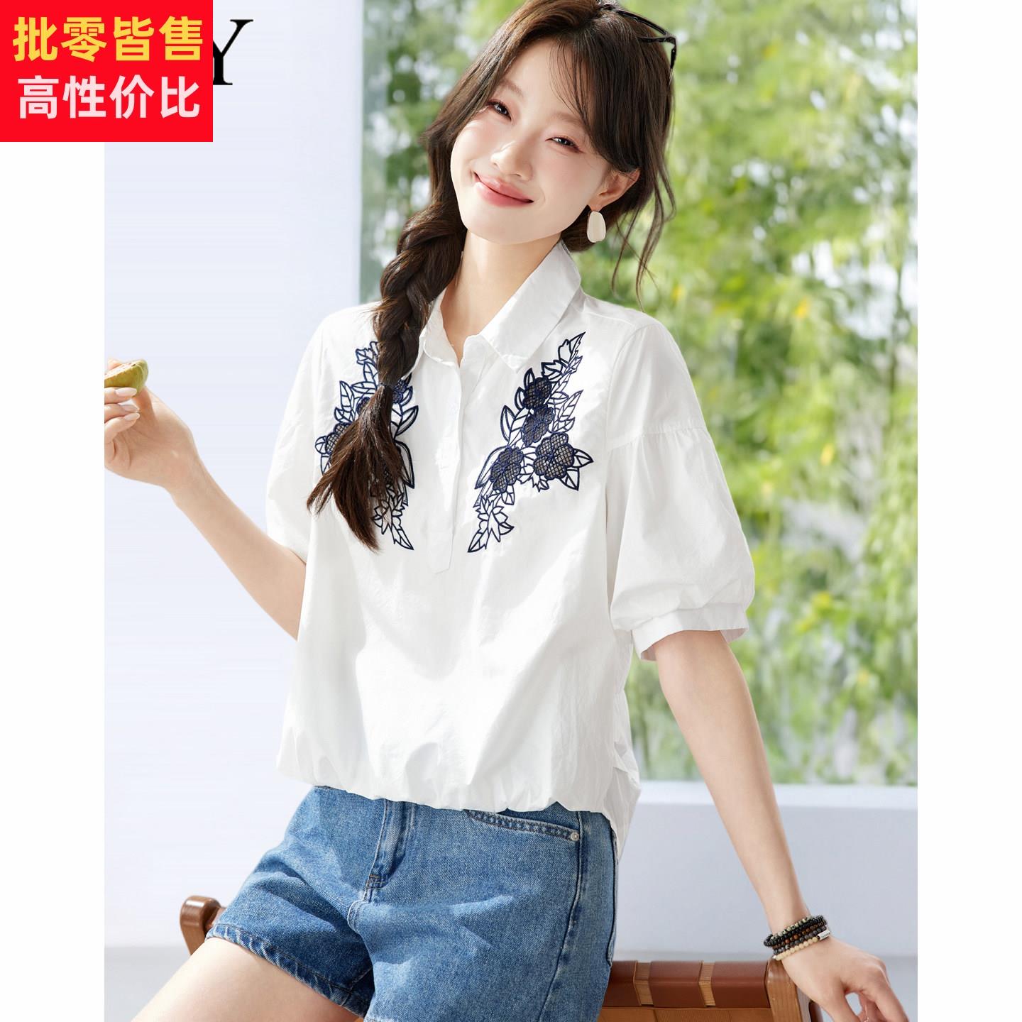 2026夏季新款白色漂亮纯棉短款休闲衬衫宽松短袖套头显瘦上衣女装