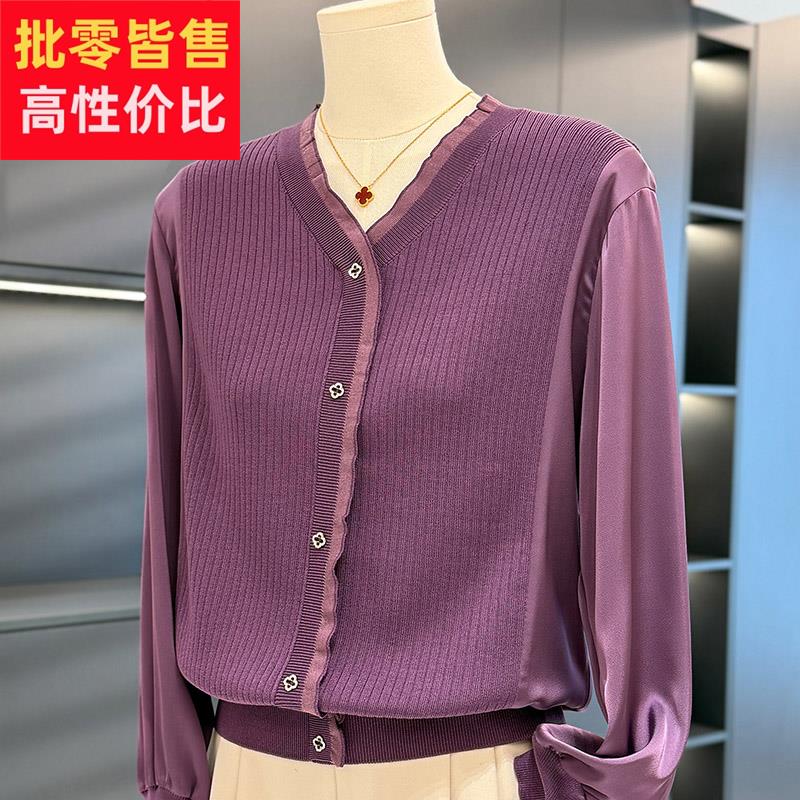 时尚休闲雪纺拼接针织衫女妈妈装春装新款减龄气质中年妇女打底衫
