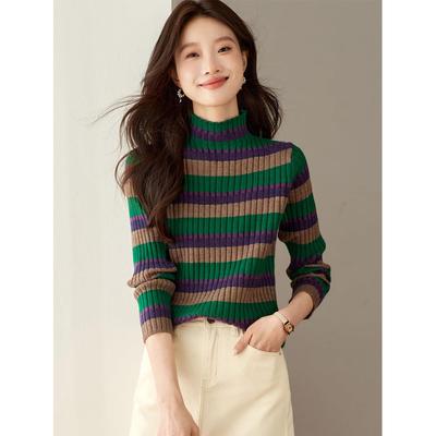撞色条纹半高领毛衣女秋冬季2025新款坑条修身短款内搭针织打底衫