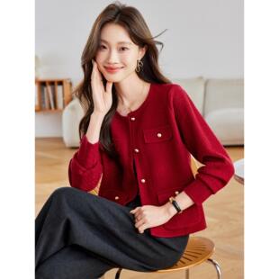 2025新款春秋高级感气质红色小香风毛衣短外套女妈妈洋气减龄开衫