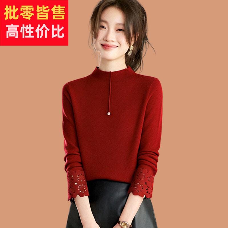 半高领红色毛衣女士秋冬2025新款小个子短款花瓣袖内搭羊毛打底衫