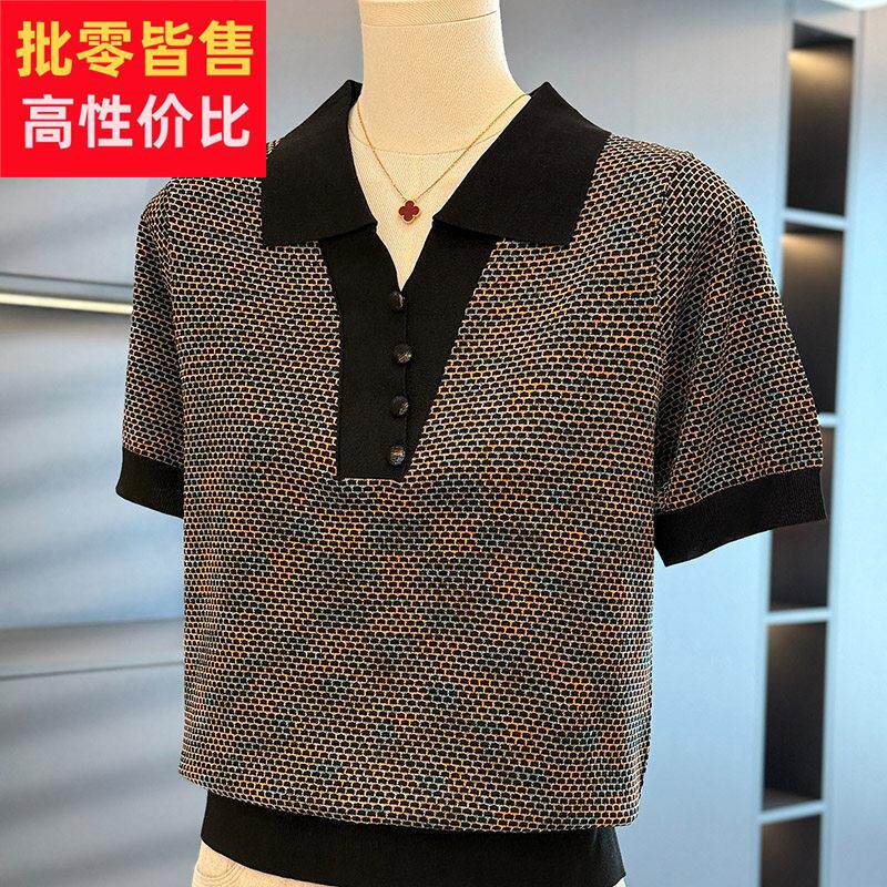 时尚洋派妈妈装针织衫女翻领短袖夏装新款上衣气质百搭中年人T恤