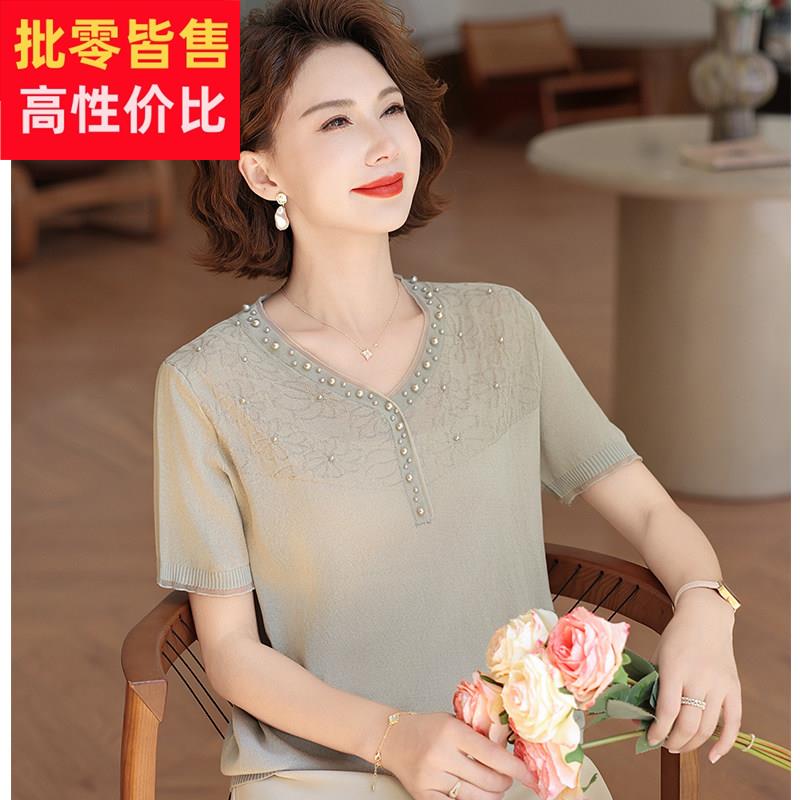 2025今年流行妈妈夏装短袖T恤针织桑蚕丝中老年女装高端套装洋派