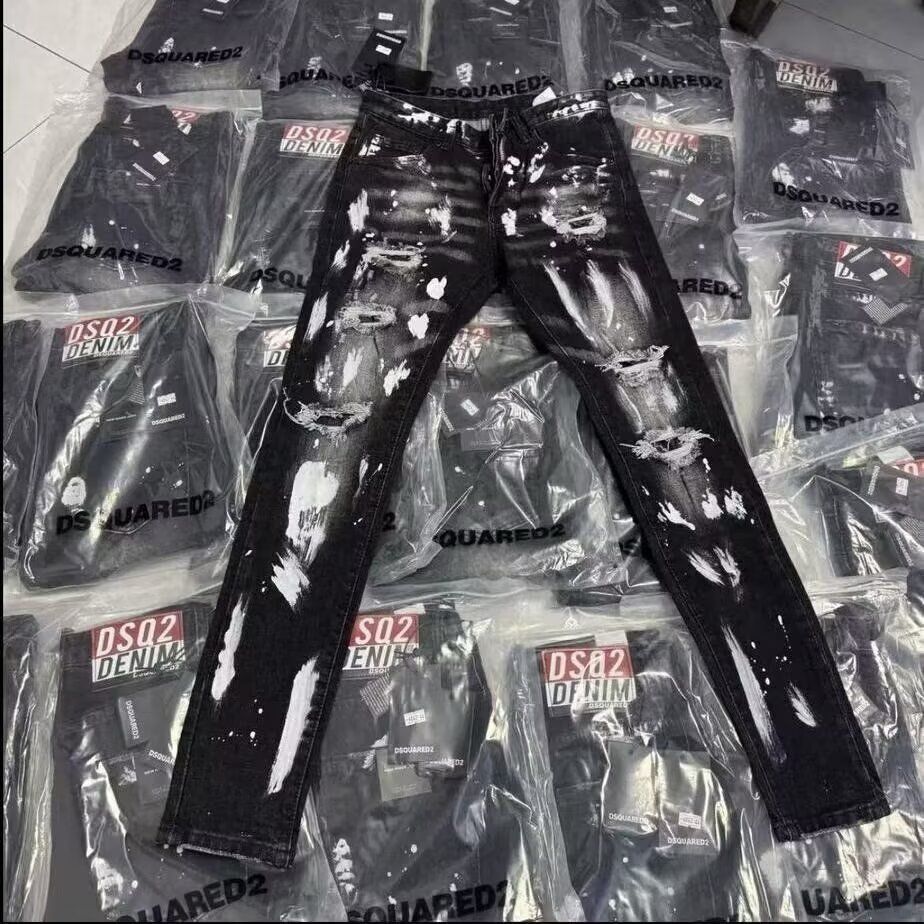 男士D2泼墨破洞修身小脚牛仔裤