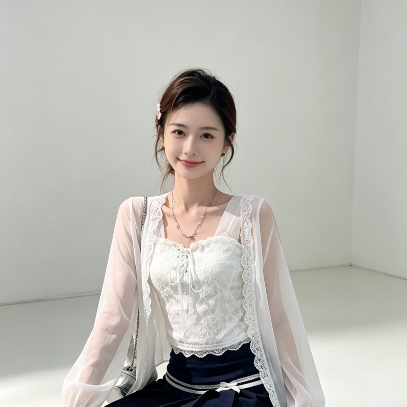 2026早秋新款白色蕾丝吊带 雪纺防晒开衫 藏青百褶短裙三件套