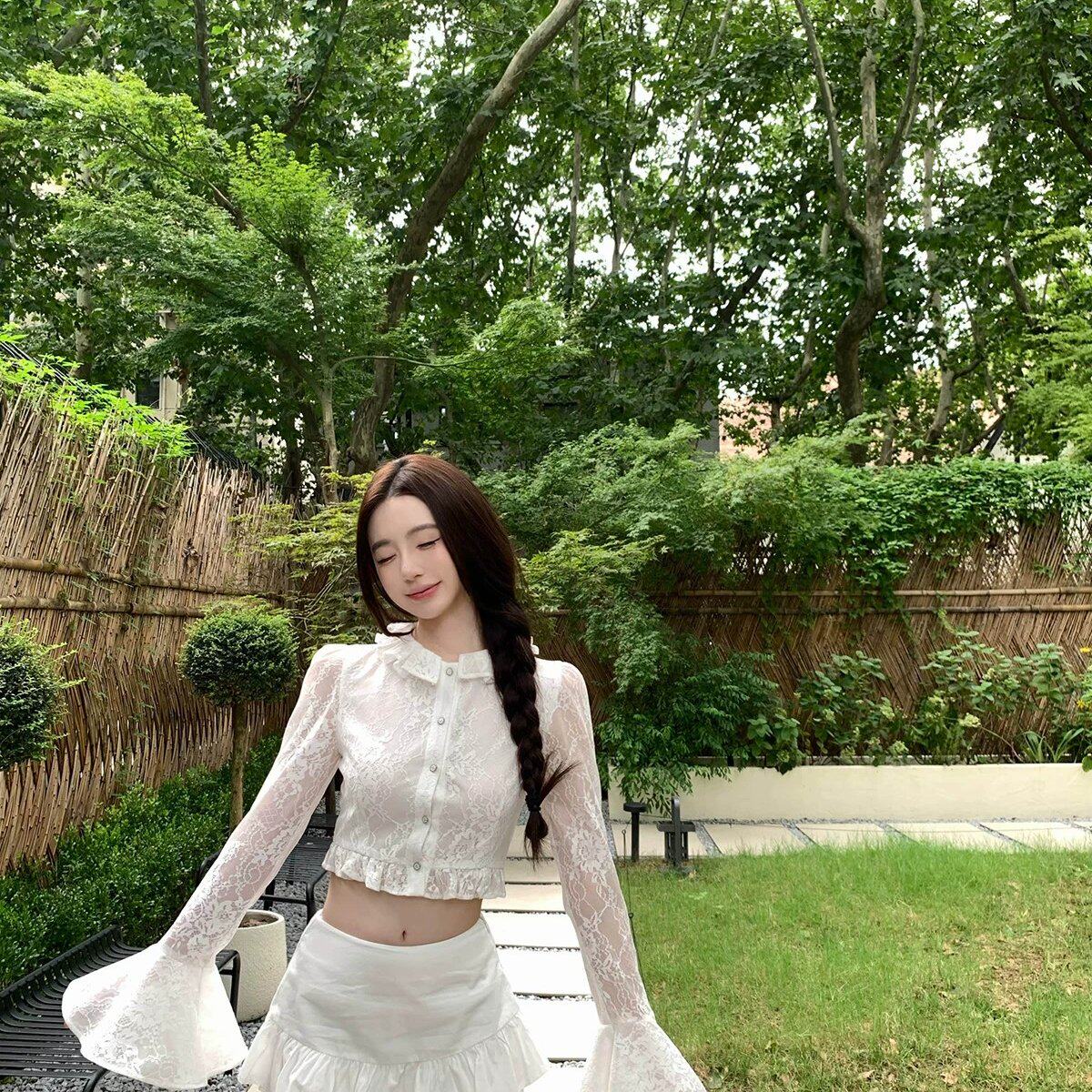 纯欲少女蕾丝肌理木耳边短上衣+低腰包臀修身显瘦半裙气质套装女