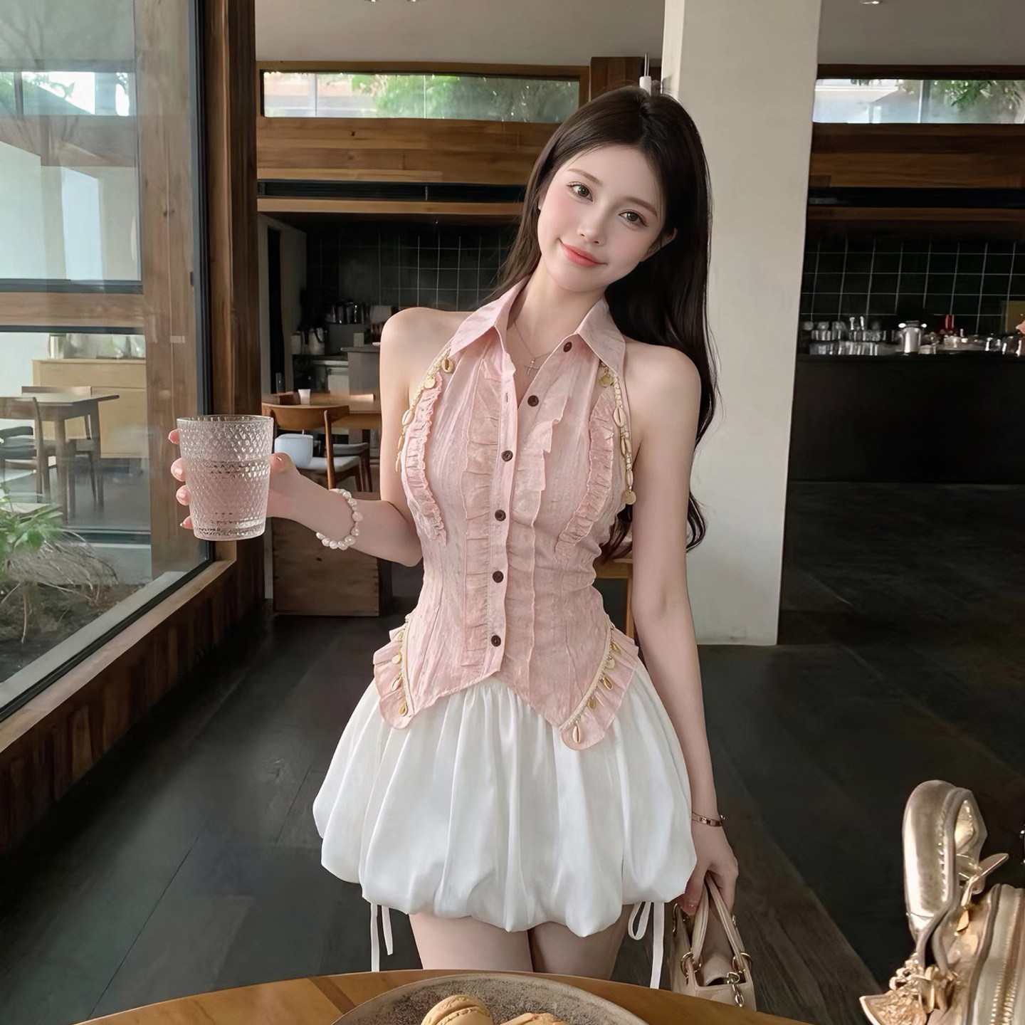实拍实价 纯欲风甜美花边贝壳装饰挂脖衬衣缎面蓬蓬裙两件套套装