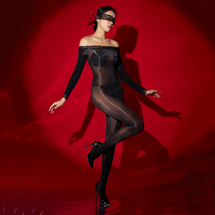 性感cos蕾丝一字肩连身袜弹力紧身凹凸有致显身材连体油光黑丝袜