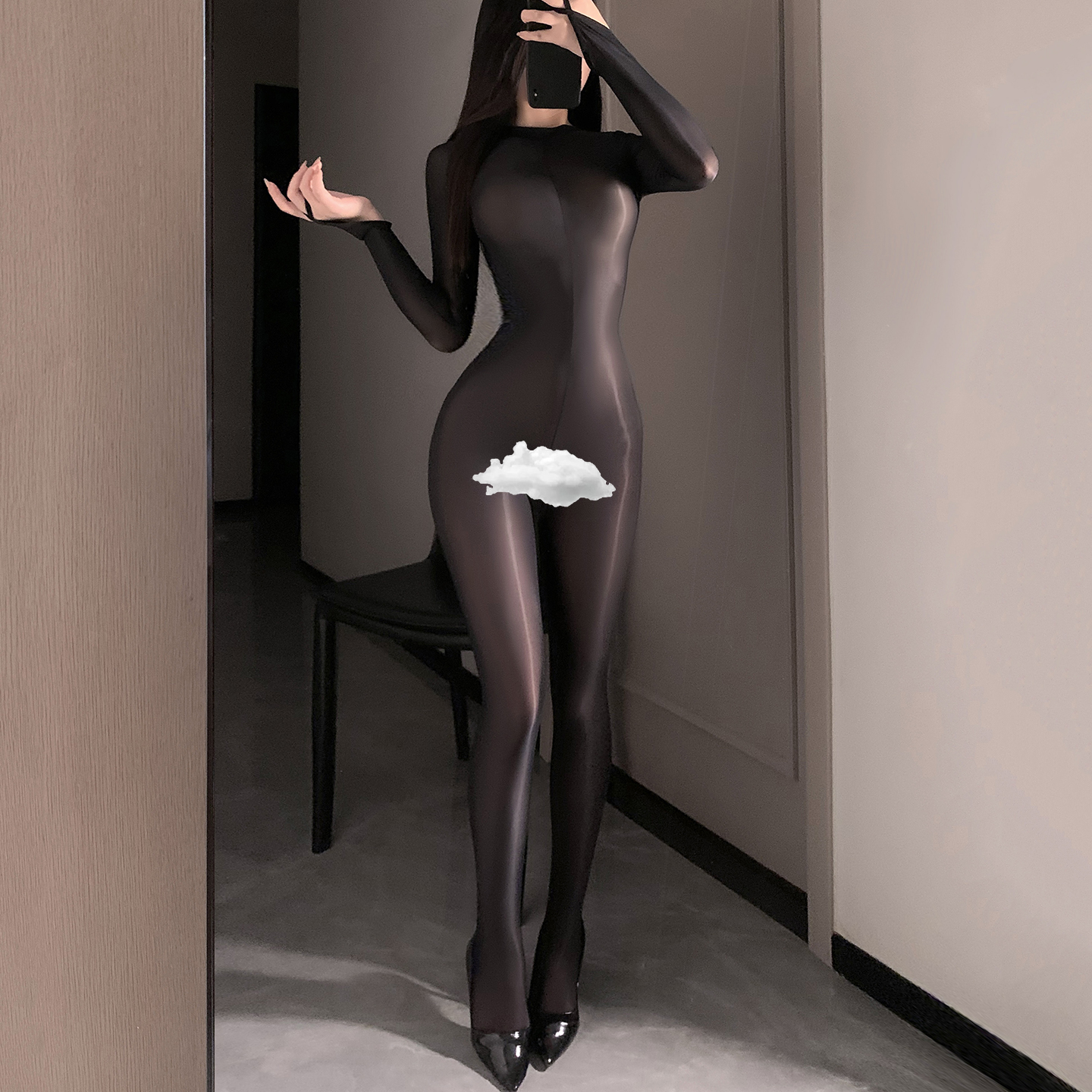 丝滑云感冰丝油亮五指连体黑丝袜