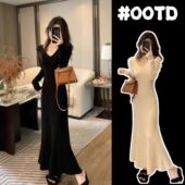 气质V领长袖 针织磨毛连衣裙女秋冬季 纯欲风大衣内搭包臀鱼尾长裙