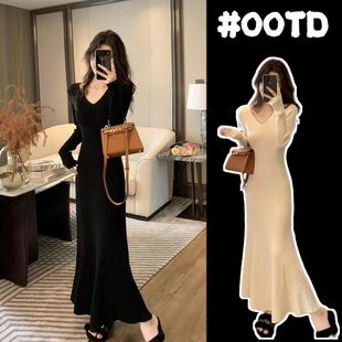 气质V领长袖针织磨毛连衣裙女秋冬季纯欲风大衣内搭包臀鱼尾长裙