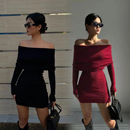 网红圣诞红色显瘦螺纹连衣裙女秋冬新款 辣妹紧身一字肩打底短裙子