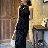 气质开叉长款 无袖 珍珠领改良印花旗袍年轻少女修身 包臀复古连衣裙