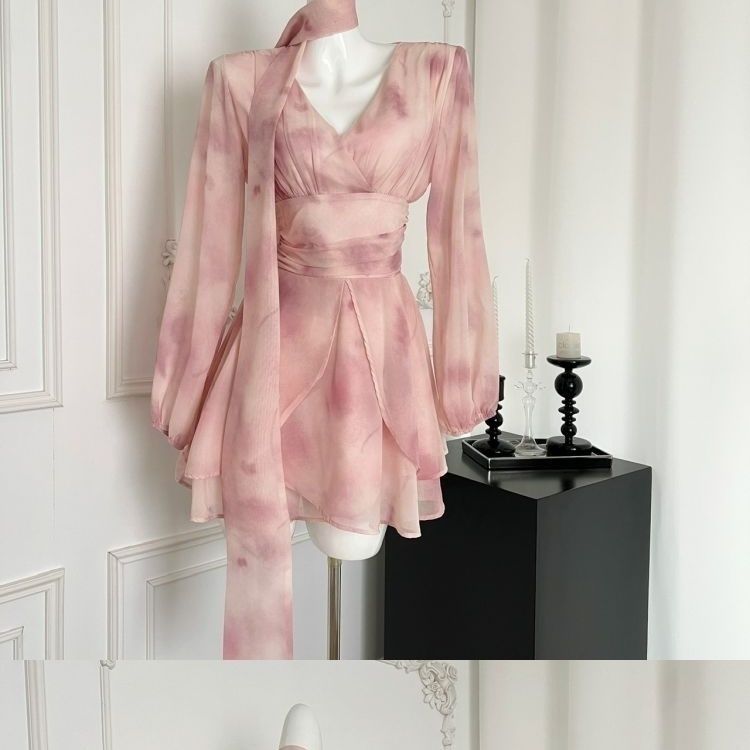 高品质娇艳雪纺大美人夏季新款仙女收腰温柔晕染飘带连衣裙碎花裙