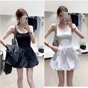 白色初恋花苞吊带连衣裙子女春夏季小众设计收腰芭蕾短裙内搭伞裙