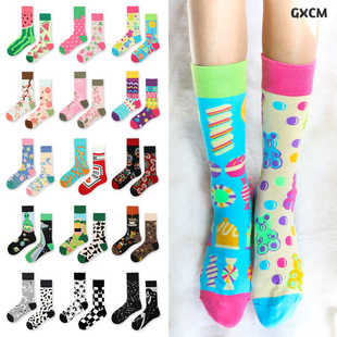 中筒欧美街头运动创意 男女情侣款 新品 ab不对称袜子潮流鸳鸯袜四季