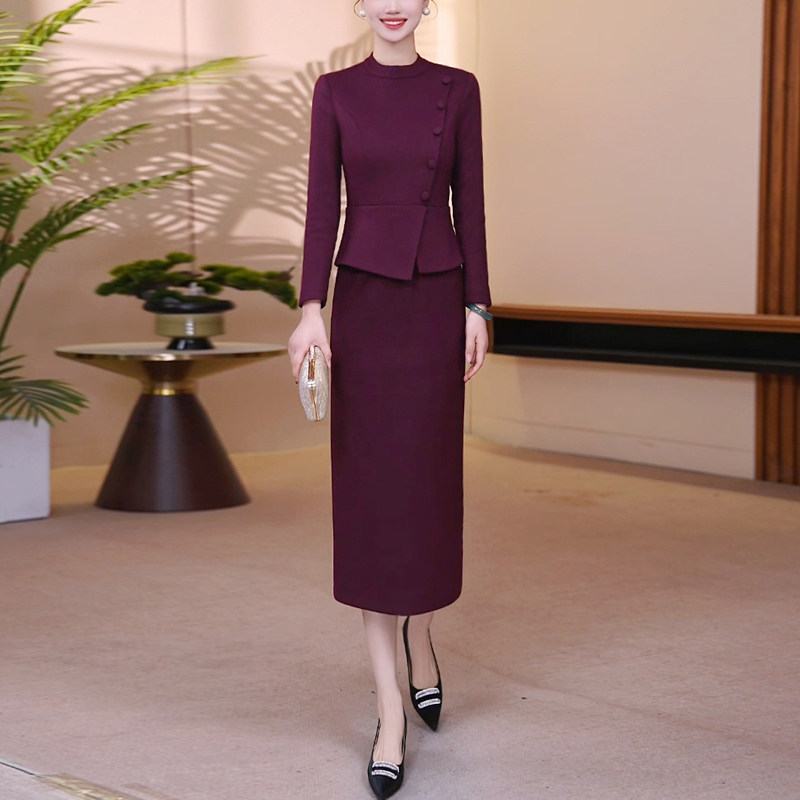 玛莎紫色喜婆婆婚宴假两件连衣裙2025新款气质修身显瘦冬季一步裙