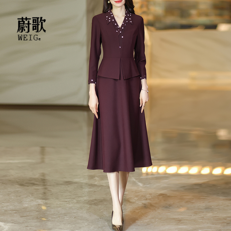 紫红色正式场合假两件连衣裙2025秋冬新款高级感气质修身显瘦裙子