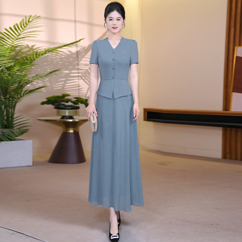 蔚歌雾霾蓝假两件连衣裙女夏2026新款气质端庄修身显瘦遮肉