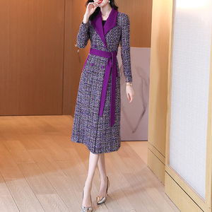 紫色撞色小香风毛呢外套女2023秋冬新款收腰显瘦气质长款呢子大衣
