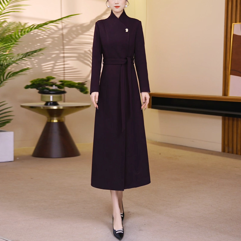 凝夜紫立领大衣女2025冬季新款高级感气质修身显瘦超长款毛呢外套