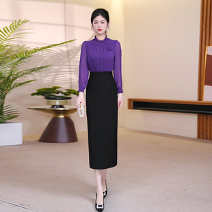 气质通勤拼接假两件连衣裙女2026春新款高级感雪纺修身显瘦包臀裙