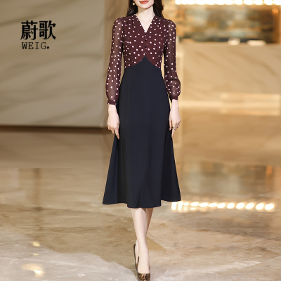 法式波点衬衫连衣裙2025秋冬新款轻熟高端气质修身显瘦职业a字裙
