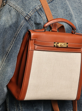 KellyAdo大号双肩背包，金棕色Swift牛皮拼白色帆布，客订出货。