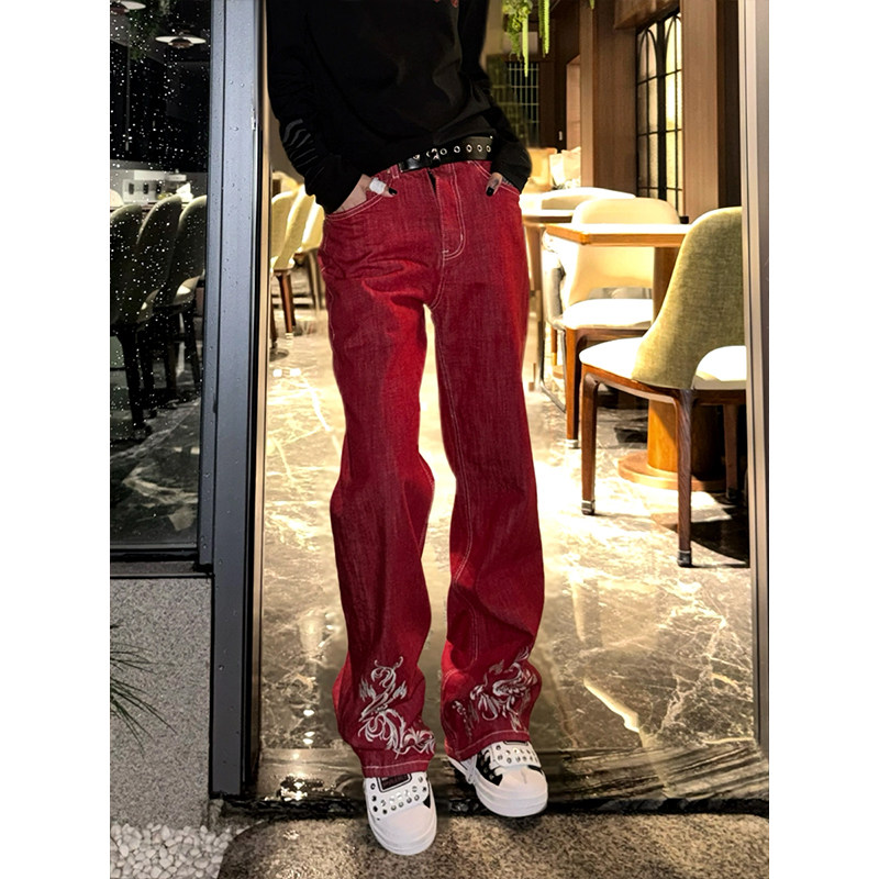 美式高街红色凤凰刺绣牛仔裤男女