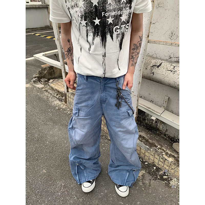 美式街头水洗蓝色法工牛仔裤男女