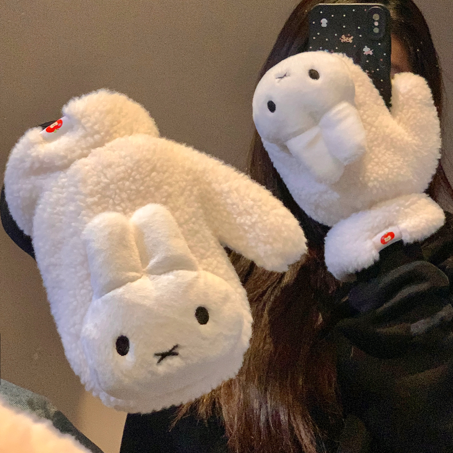 可爱米菲兔毛绒连指手套女冬季加绒加厚保暖防寒冻学生骑行可挂脖