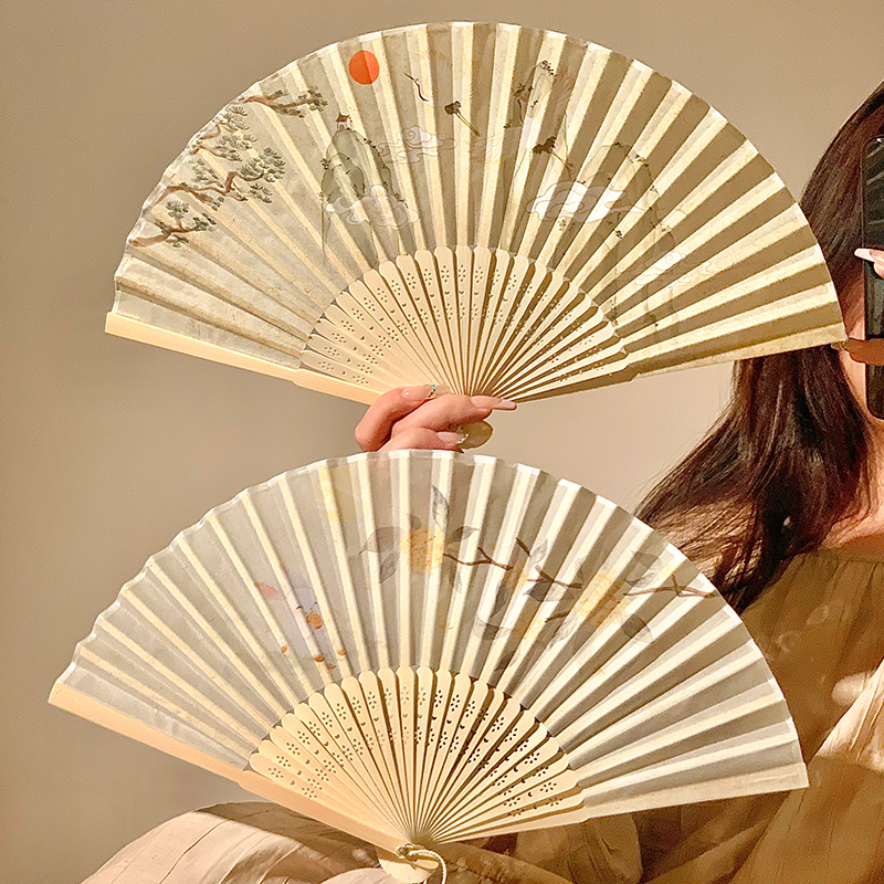 青山白鹤古风折叠扇子女夏季随身