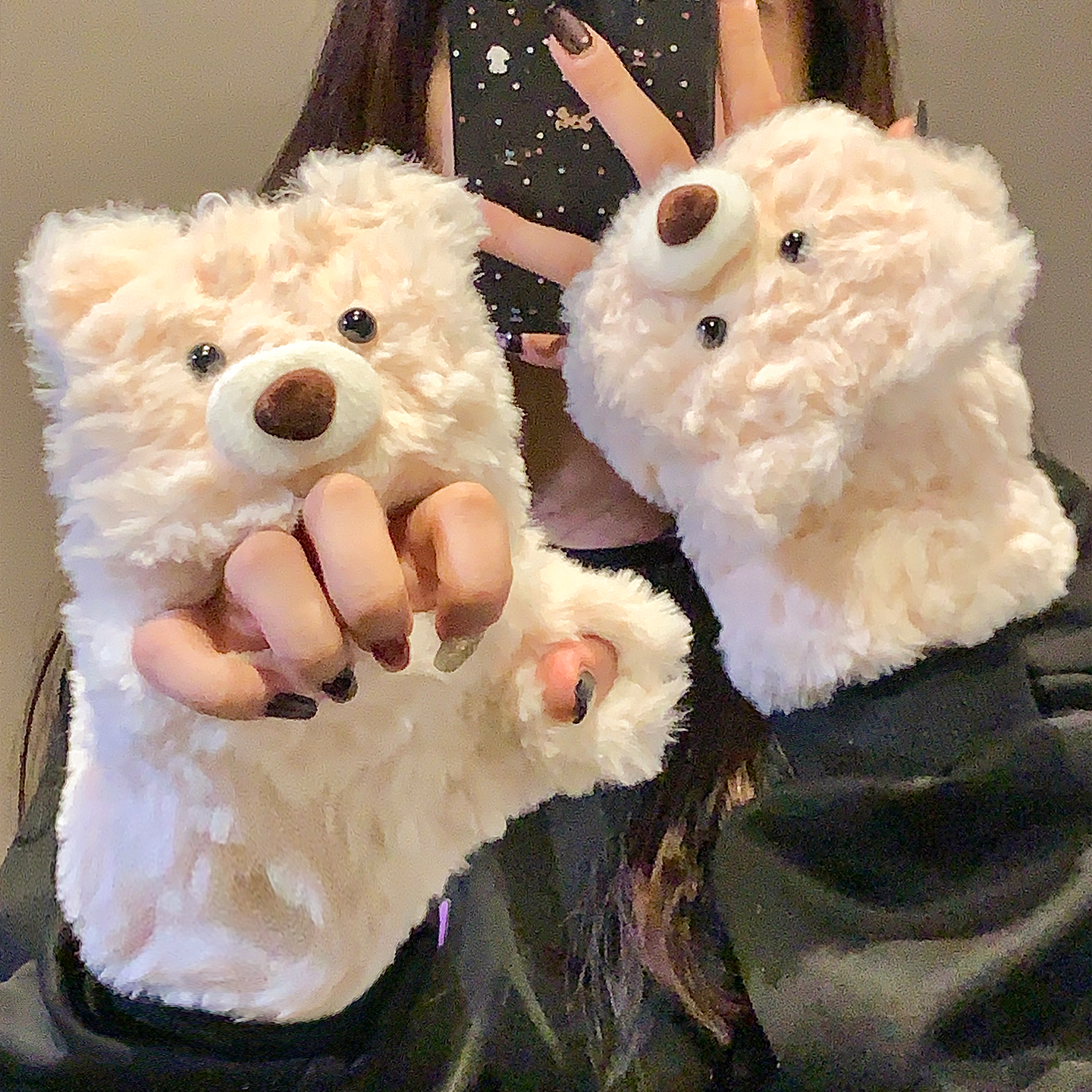 可爱小熊半指翻盖毛绒手套