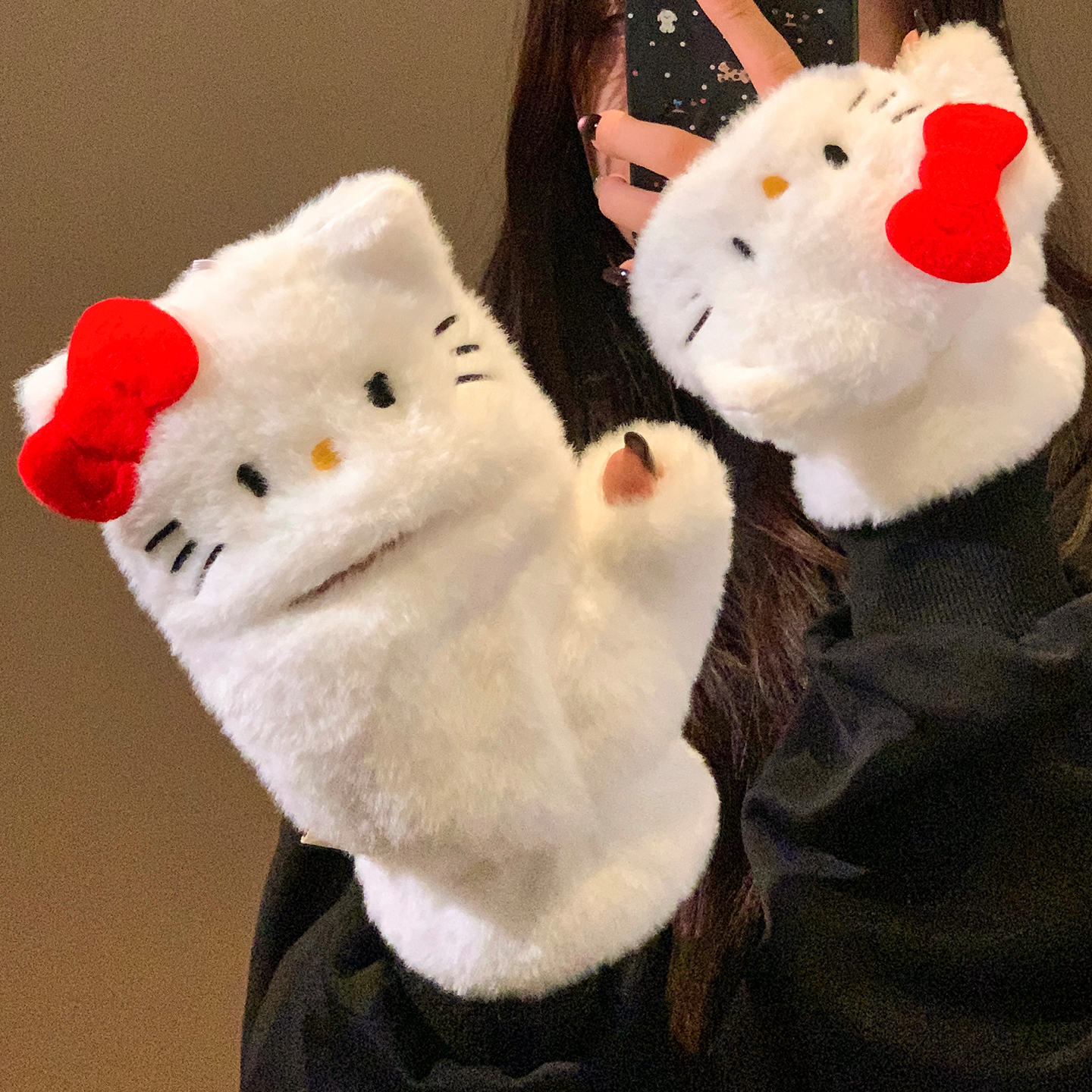 可爱Kitty猫半指翻盖毛绒手套