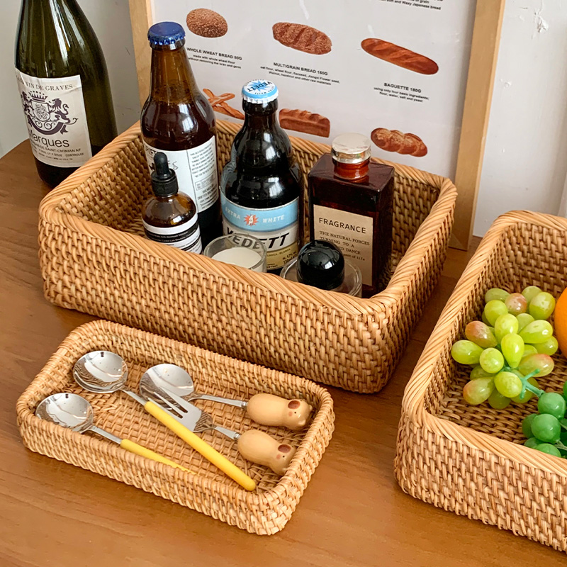 复古风藤编收纳筐家用桌面长方形化妆品杂物整理储物筐收纳盒子