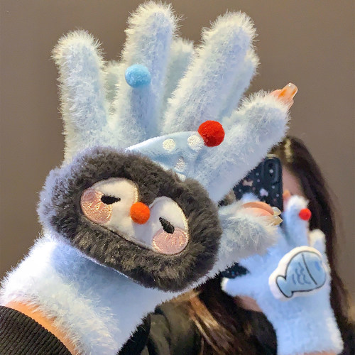 可爱企鹅毛绒针织手套女冬季加绒