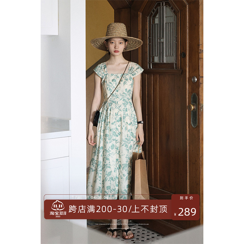 美丽的皇帝 仲夏物语 抗皱水墨印花方领连衣裙女夏无袖高腰a字裙