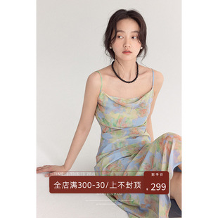 皇帝油画感显白显瘦印花吊带连衣裙女气质长裙 美丽 现货秒发