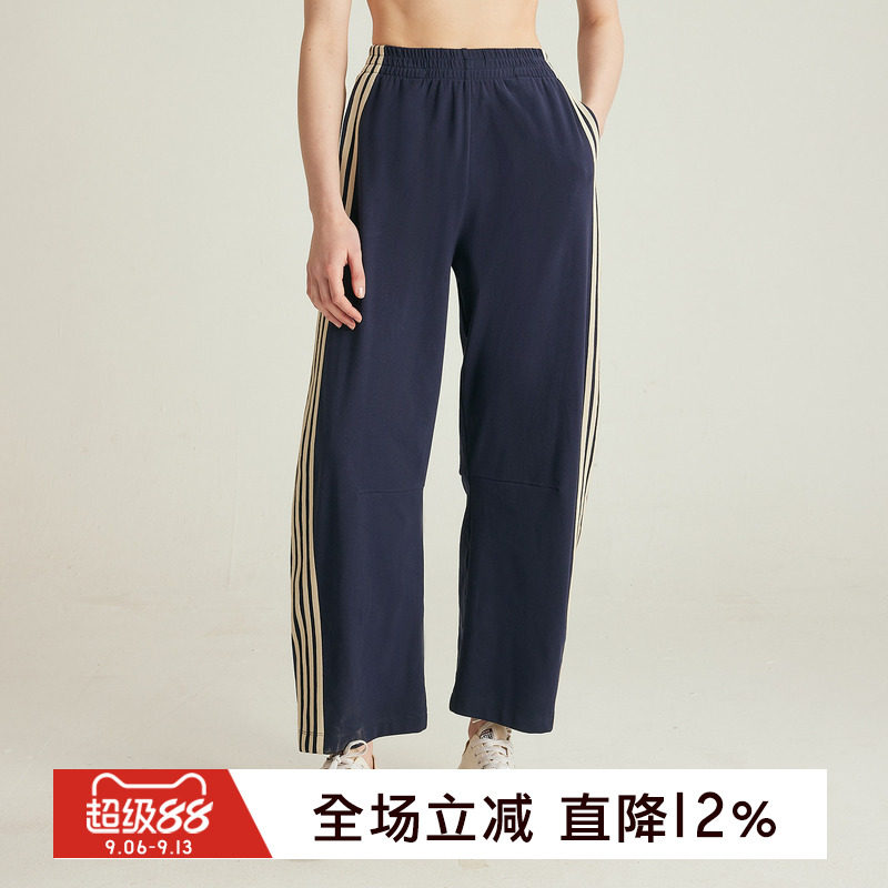 gymna复古美式运动裤条纹宽松休闲弯刀直筒裤女高腰松弛百搭裤子