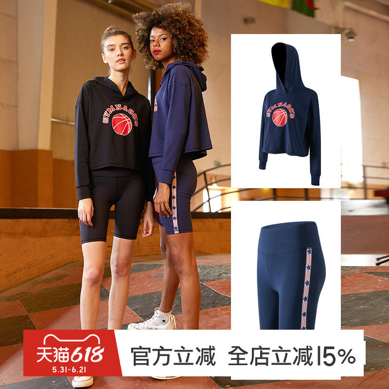 gymna春女子潮牌连帽卫衣紧身5分裤复古学院风休闲运动套装2件套