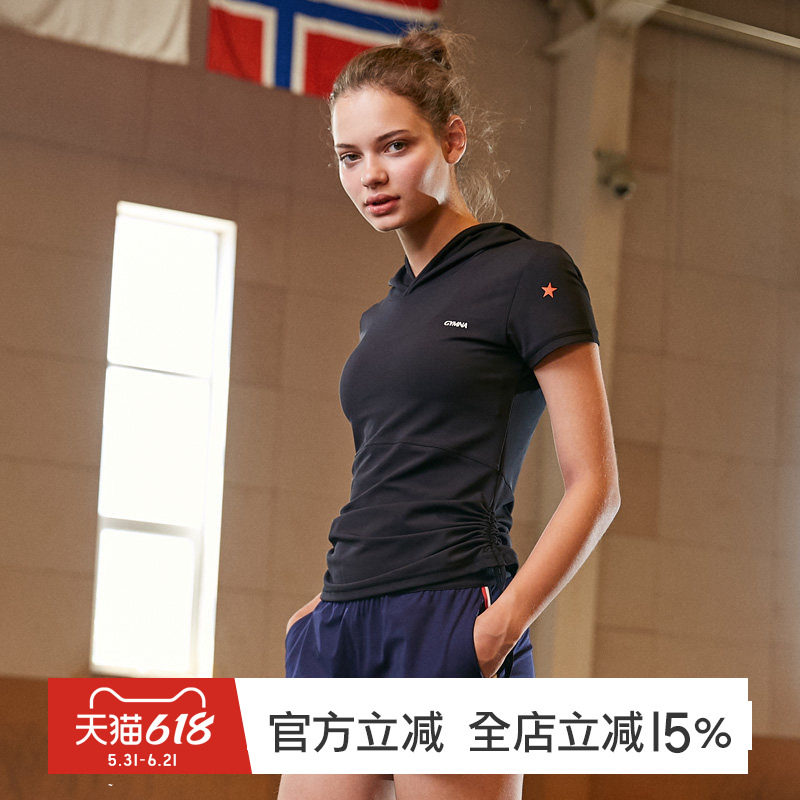 gymna学院风运动上衣女健身紧身衣服跑步瑜伽短袖t恤春季薄款帽衫