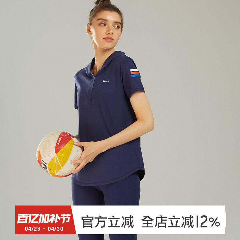 gymna复古学院风女健身瑜伽服修身显瘦跑步休闲服短袖连帽T恤春夏