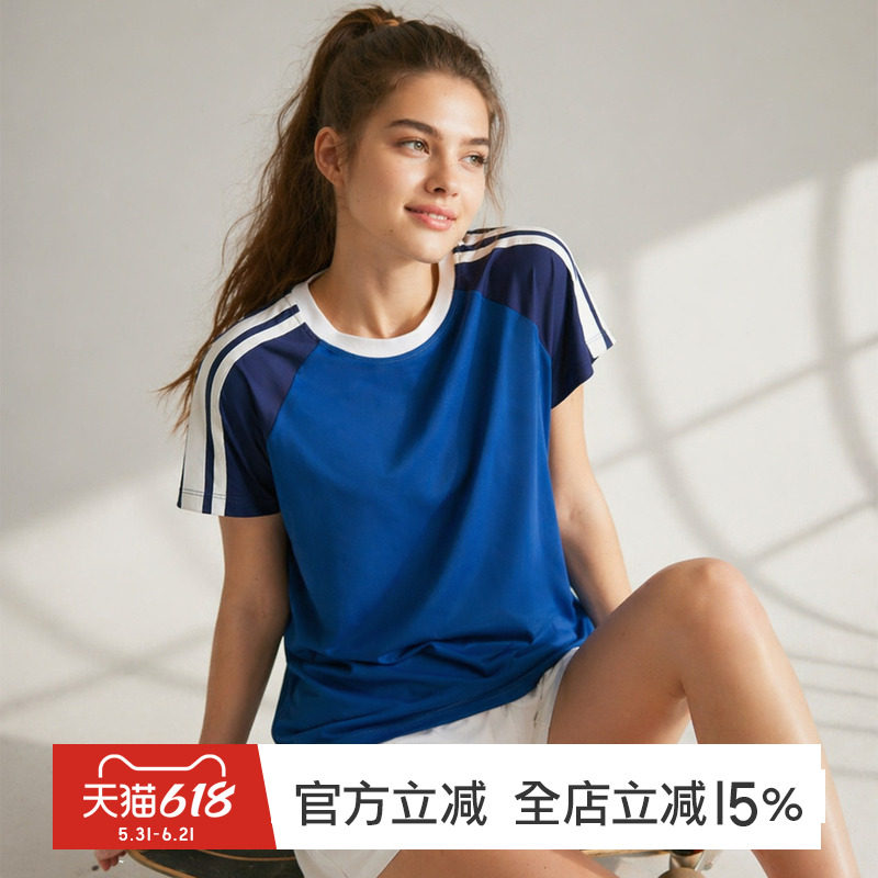 gymna美式撞色短袖T恤女夏季休闲宽松显瘦速干凉感轻薄运动上衣