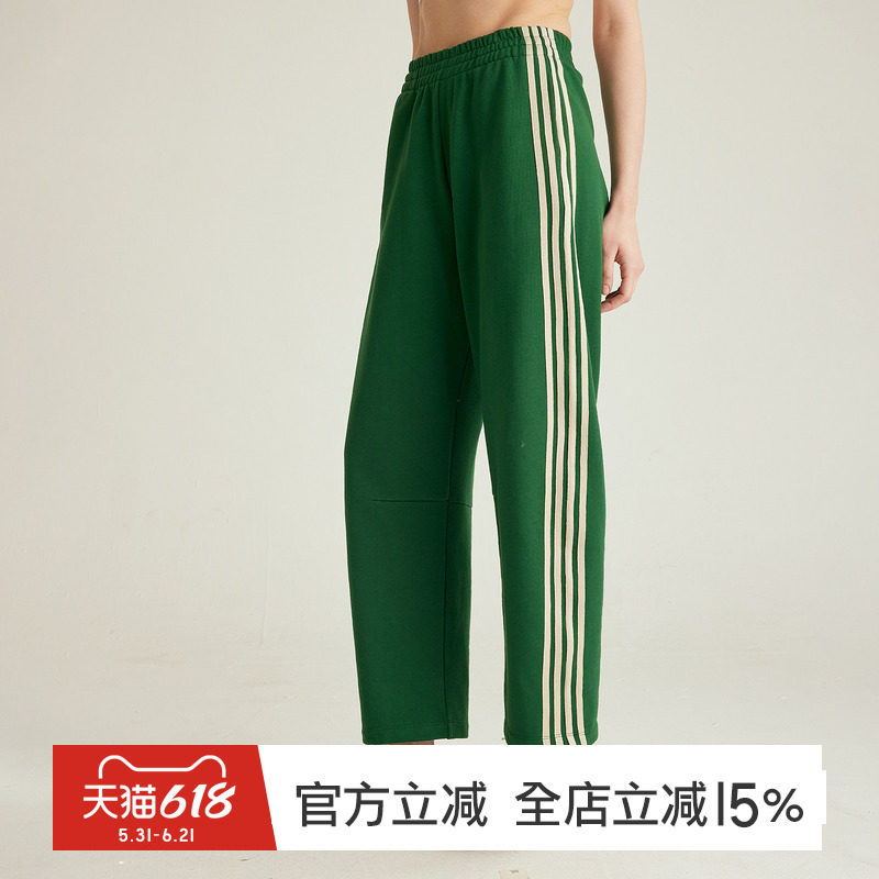gymna复古美式运动裤条纹宽松休闲弯刀直筒裤女高腰松弛百搭裤子