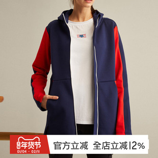 gymna复古春长款拉链衫连帽撞色厚大卫衣女健身运动休闲大外套女