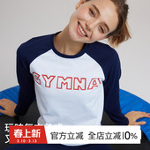 gymna复古学院风运动T恤插肩拼色修身 女 上衣速干弹力跑步训练长袖